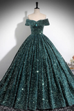 A Line Off Shoulder Velvet Sequin Green Long Prom Dress, Long Formal Dress APP1101