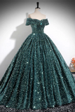 A Line Off Shoulder Velvet Sequin Green Long Prom Dress, Long Formal Dress APP1101