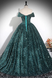 A Line Off Shoulder Velvet Sequin Green Long Prom Dress, Long Formal Dress APP1101