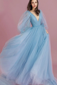 Light Blue Tulle Puffy Long Sleeves Party Dress, V Neckline Tulle Prom Dress APP1102