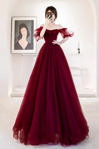 Wine Red Tulle Off Shoulder A Line Long Party Dress, Tulle Prom Dress APP1103