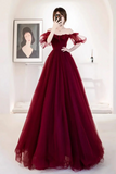 Wine Red Tulle Off Shoulder A Line Long Party Dress, Tulle Prom Dress APP1103