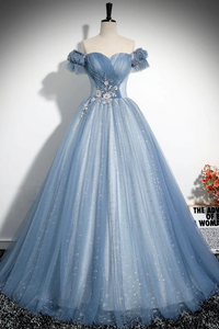 Blue Tulle Sequins Long Prom Dress, Beautiful A Line Evening Party Dress APP1105