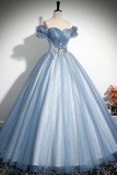 Blue Tulle Sequins Long Prom Dress, Beautiful A Line Evening Party Dress APP1105