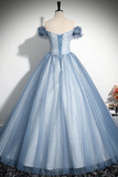 Blue Tulle Sequins Long Prom Dress, Beautiful A Line Evening Party Dress APP1105