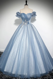 Blue Tulle Sequins Long Prom Dress, Beautiful A Line Evening Party Dress APP1105