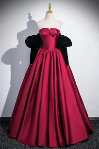 Wine Red Satin Long Party Dress with Black Sleeves, A Line Prom Dress APP1106