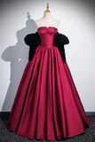 Wine Red Satin Long Party Dress with Black Sleeves, A Line Prom Dress APP1106