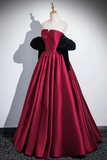 Wine Red Satin Long Party Dress with Black Sleeves, A Line Prom Dress APP1106