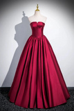 Wine Red Satin Long Party Dress with Black Sleeves, A Line Prom Dress APP1106