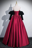 Wine Red Satin Long Party Dress with Black Sleeves, A Line Prom Dress APP1106