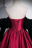 Wine Red Satin Long Party Dress with Black Sleeves, A Line Prom Dress APP1106