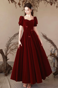 Burgundy Velvet Long Party Dress, A Line Short Sleeve Evening Prom Dress APP1109