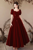 Burgundy Velvet Long Party Dress, A Line Short Sleeve Evening Prom Dress APP1109