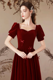 Burgundy Velvet Long Party Dress, A Line Short Sleeve Evening Prom Dress APP1109