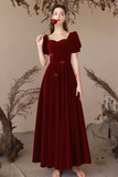 Burgundy Velvet Long Party Dress, A Line Short Sleeve Evening Prom Dress APP1109