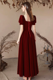 Burgundy Velvet Long Party Dress, A Line Short Sleeve Evening Prom Dress APP1109