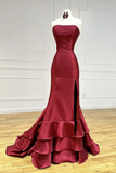 Simple Mermaid Satin Burgundy Long Prom Dress, Long Evening Dress APP1112