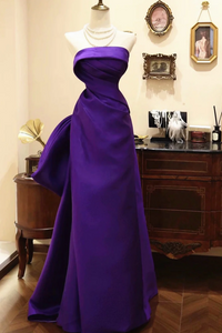 Purple Satin Scoop A Line Floor Length Party Dress, Long Prom Dress with Bow APP1114