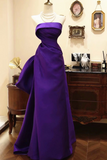 Purple Satin Scoop A Line Floor Length Party Dress, Long Prom Dress with Bow APP1114