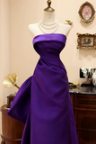 Purple Satin Scoop A Line Floor Length Party Dress, Long Prom Dress with Bow APP1114