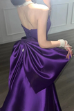 Purple Satin Scoop A Line Floor Length Party Dress, Long Prom Dress with Bow APP1114