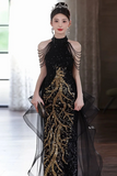 Chic Black Sequins Halter Party Dress with Lace Applique, Long Prom Dress APP1115