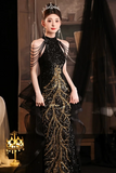 Chic Black Sequins Halter Party Dress with Lace Applique, Long Prom Dress APP1115