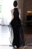 Chic Black Sequins Halter Party Dress with Lace Applique, Long Prom Dress APP1115