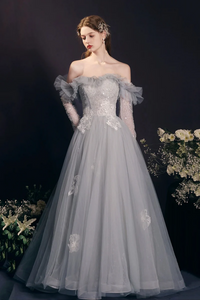 Gray Tulle Beads Long Prom Dress, Lovely A Line Long Sleeve Evening Dress APP1116