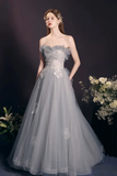 Gray Tulle Beads Long Prom Dress, Lovely A Line Long Sleeve Evening Dress APP1116