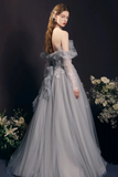 Gray Tulle Beads Long Prom Dress, Lovely A Line Long Sleeve Evening Dress APP1116