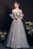 Gray Tulle Beads Long Prom Dress, Lovely A Line Long Sleeve Evening Dress APP1116