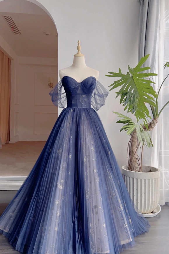 Blue Tulle Long Prom Dress, Beautiful Off the Shoulder Evening Party Dress APP1152