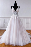 V Neck Champagne Lace Wedding Dresses, Formal Prom Dresses APW0430