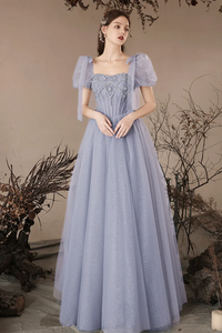 A Line Sweetheart Neck Tulle Beads Blue Long Prom Dress, Blue Long Evening Dress APP0933