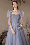 A Line Sweetheart Neck Tulle Beads Blue Long Prom Dress, Blue Long Evening Dress APP0933