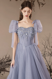 A Line Sweetheart Neck Tulle Beads Blue Long Prom Dress, Blue Long Evening Dress APP0933