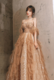 Champagne A Line Beaded Tulle Long Tulle Prom Dress, Champagne Evening Dress APP0975