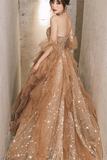 Champagne A Line Beaded Tulle Long Tulle Prom Dress, Champagne Evening Dress APP0975