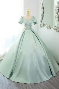 Green Satin Lace Long Prom Dress, Beautiful A Line Short Sleeve Evening Party Dress APP0977