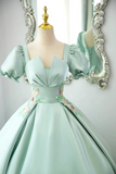 Green Satin Lace Long Prom Dress, Beautiful A Line Short Sleeve Evening Party Dress APP0977