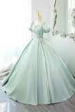 Green Satin Lace Long Prom Dress, Beautiful A Line Short Sleeve Evening Party Dress APP0977