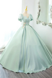 Green Satin Lace Long Prom Dress, Beautiful A Line Short Sleeve Evening Party Dress APP0977