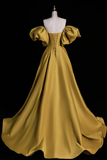 A Line Sweetheart Neck Satin Gold Long Prom Dress, Gold Long Formal Dress APP0979