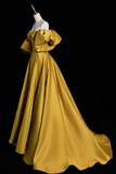 A Line Sweetheart Neck Satin Gold Long Prom Dress, Gold Long Formal Dress APP0979