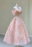 Princess Tea Length Floral Lace Tulle Prom Party Dress, Pink Graduation Dress APP0984