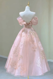 Princess Tea Length Floral Lace Tulle Prom Party Dress, Pink Graduation Dress APP0984