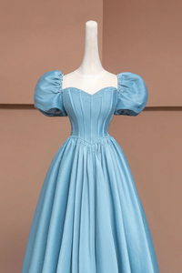 Blue Satin Long A Line Prom Dress with Pearls, Cute Short Sleeve Evening Dress APP0986