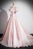 Pink Scoop Neckline Satin Floor Length Prom Dress, Short Sleeve A Line Party Dress APP0987